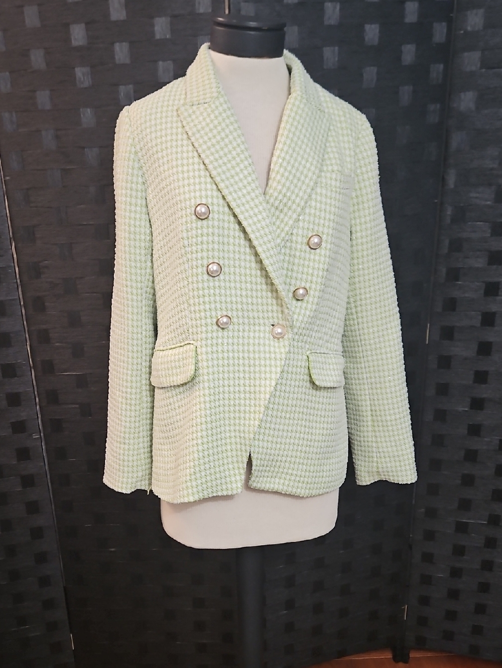 House Of Harlow Double-Breasted Women's Houndstooth Blazer Jacket Light Green M - Picture 2 of 13
